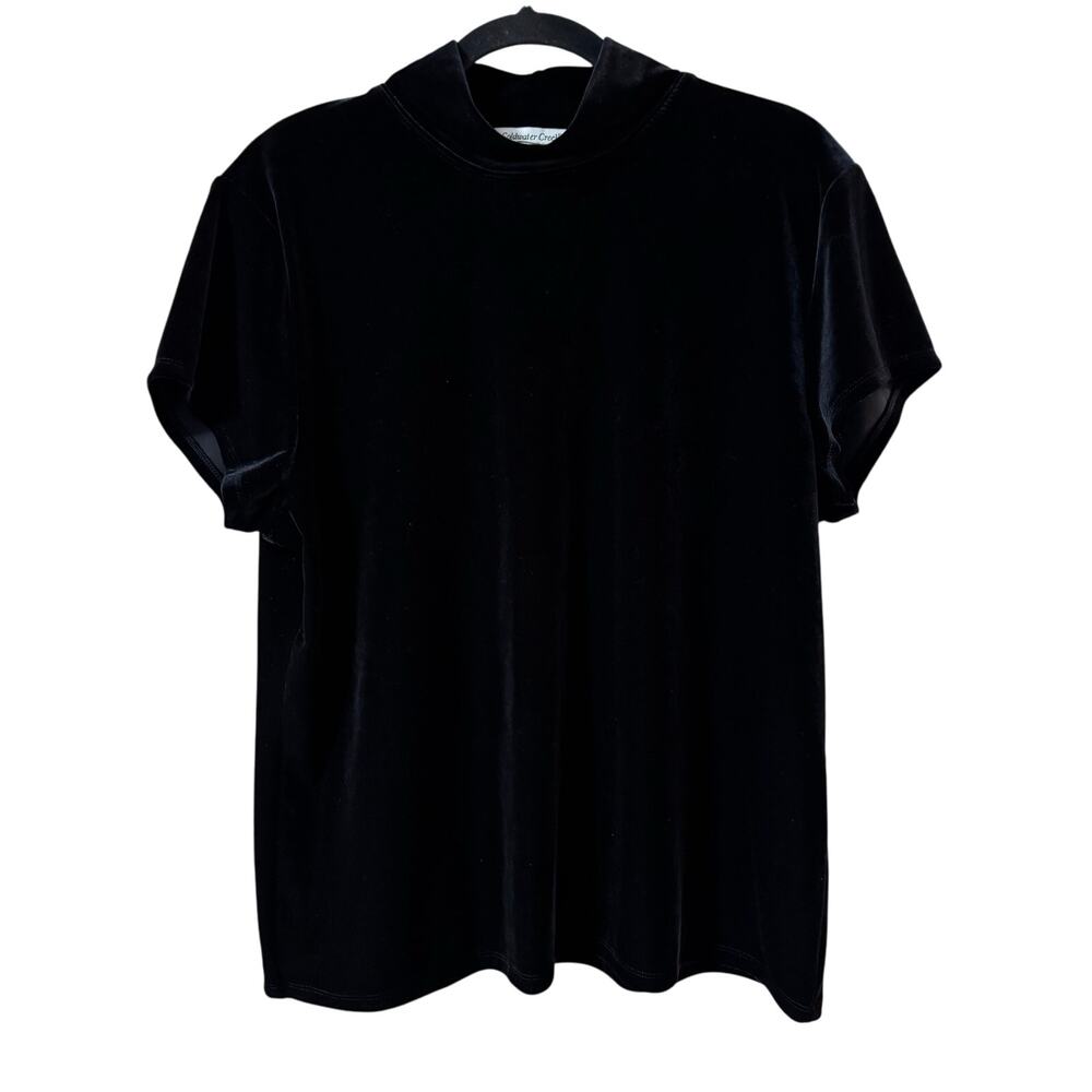 Coldwater Creek Size XL Black Velvet Mock Neck Pullover Blouse Short Sleeve